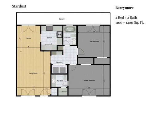 Floor plan for 2 beds, 2 baths, 1100 sqft